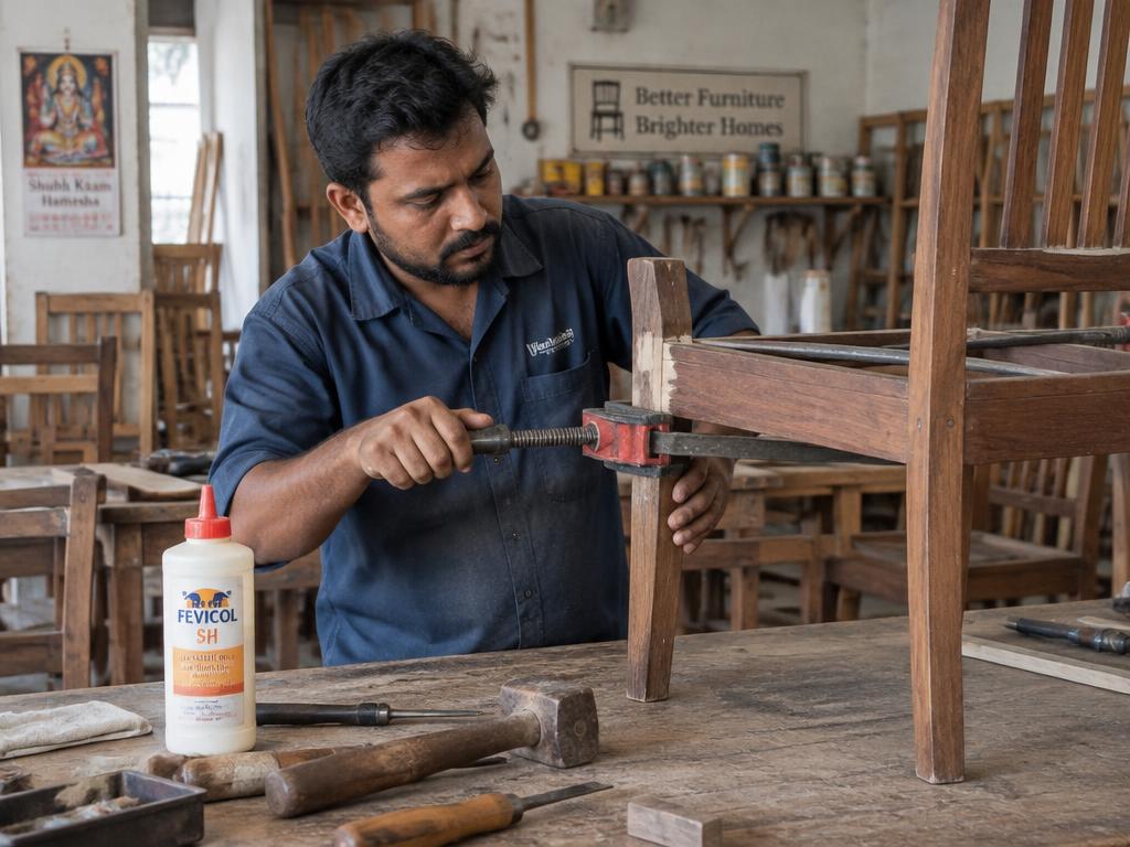 Craftsman clamping a glued joint on a wooden chair leg