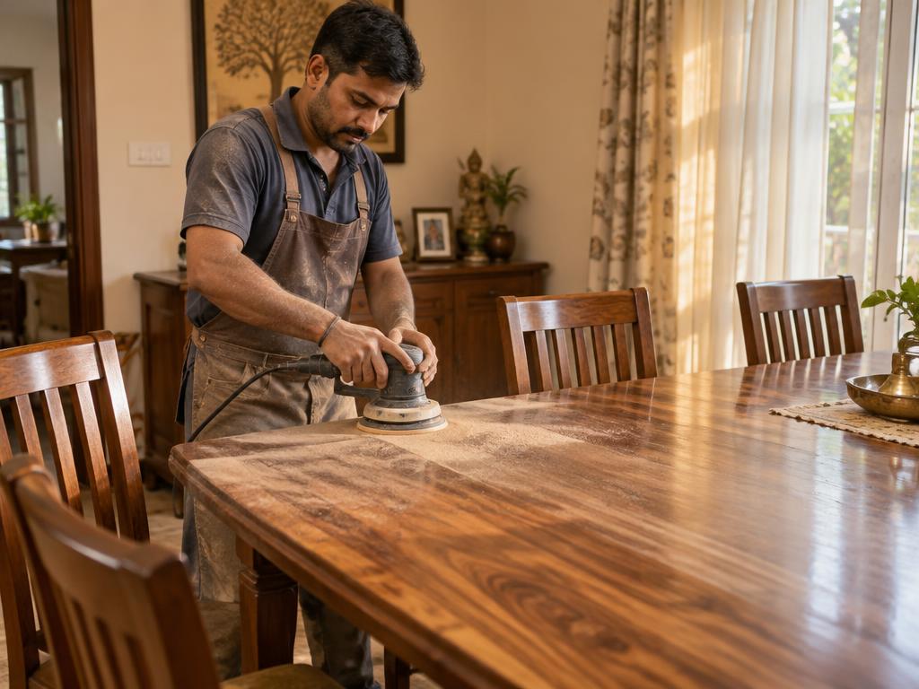 Craftsman sanding the top of a wooden dining table