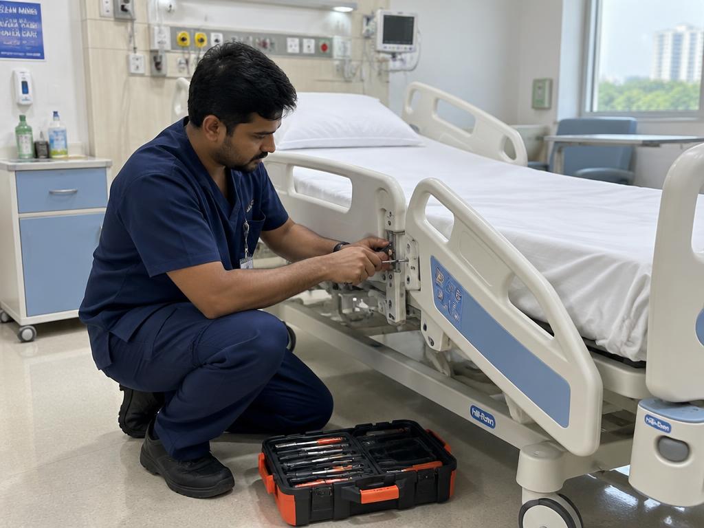 Technician servicing the mechanism of an adjustable hospital bed