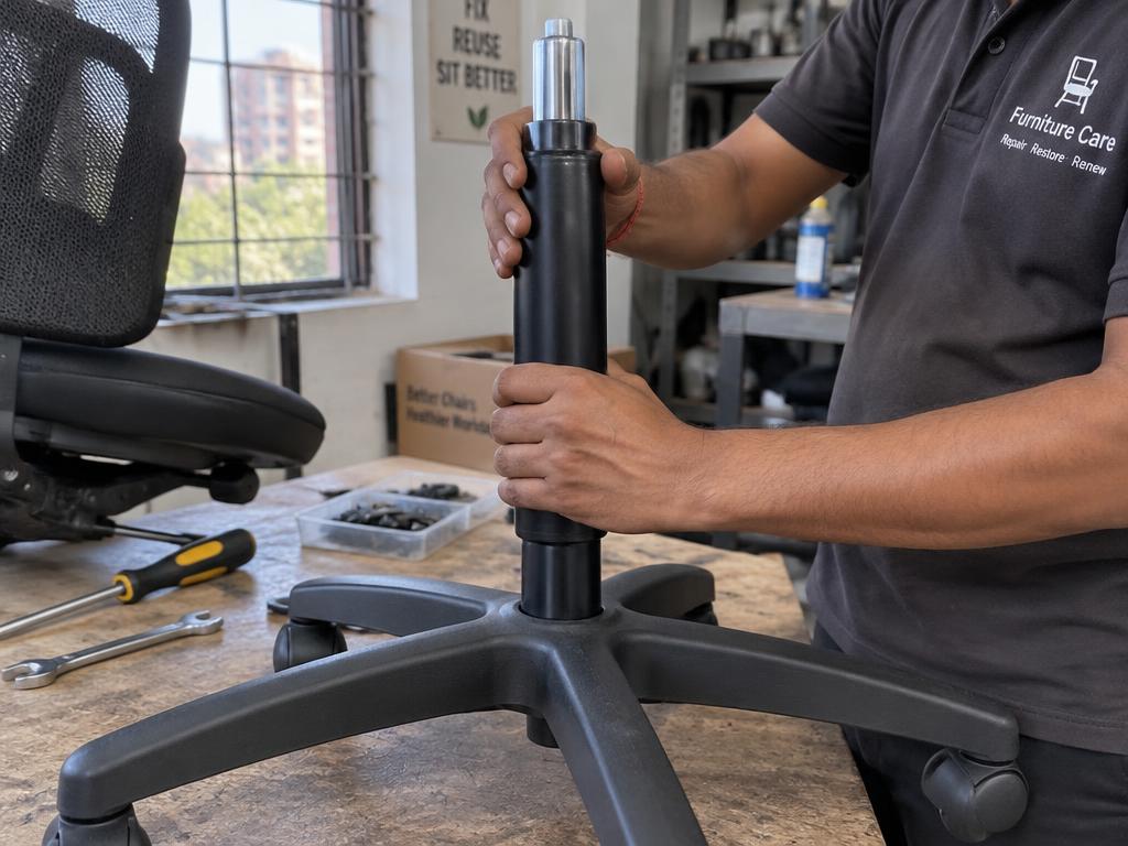 Technician fitting a new hydraulic gas cylinder into an office chair base