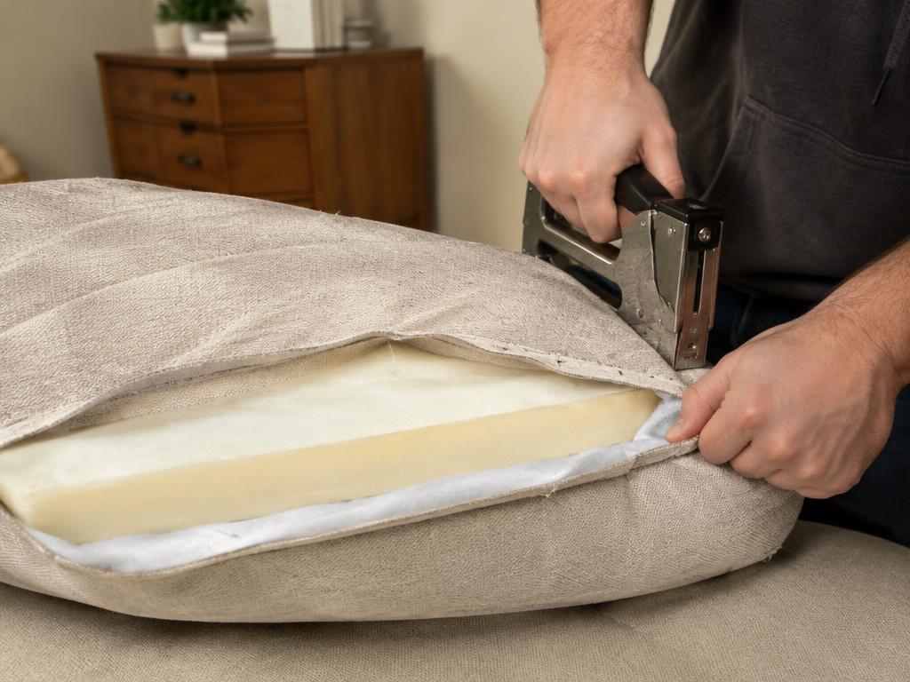 Hands re-covering a sofa cushion with new foam using a staple gun