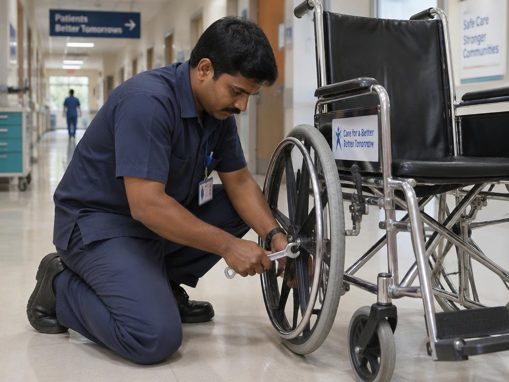 Technician adjusting the wheel and brake of a hospital wheelchair