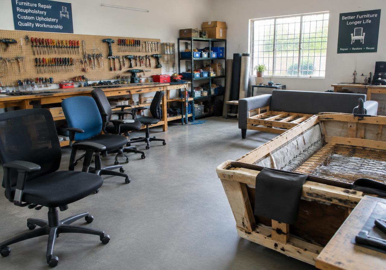 Furniture repair workshop with office chairs and a sofa frame awaiting repair